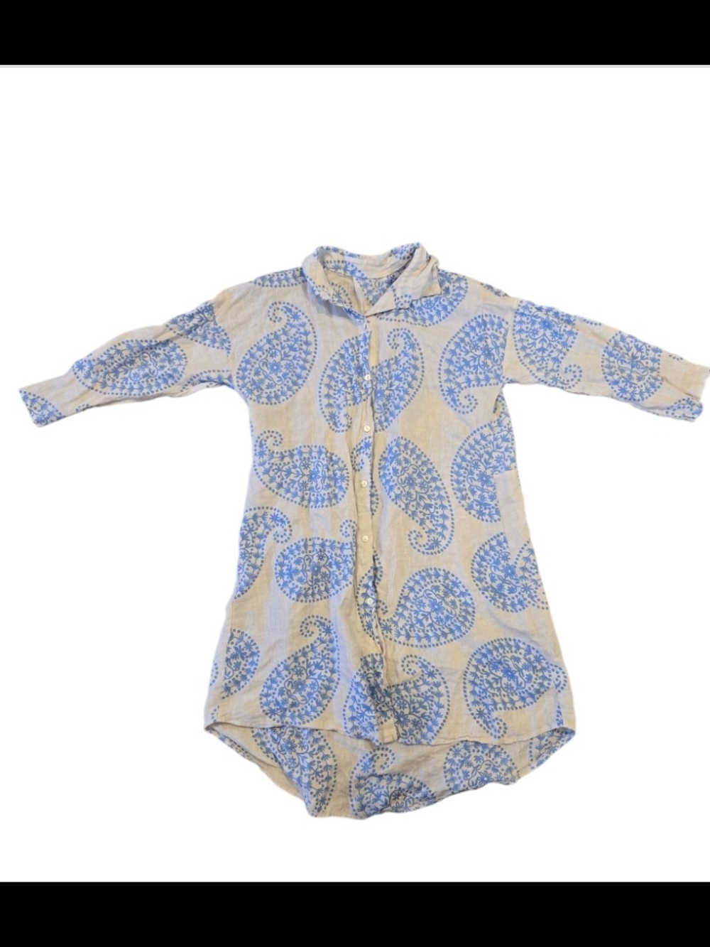 Unbranded women's linen shirt dress features a white and blue floral pattern M